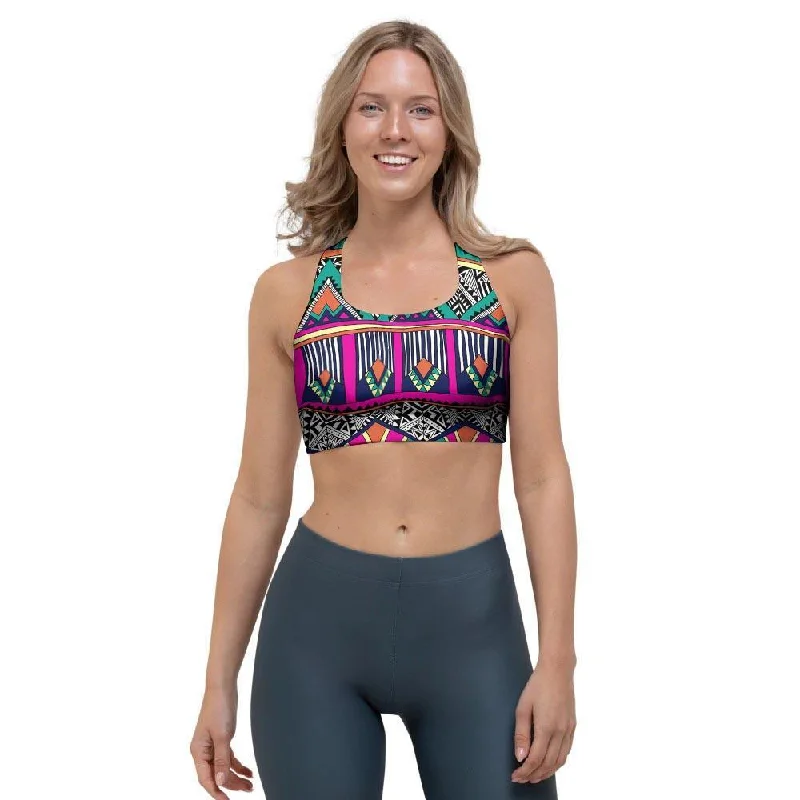 Multicolor Native Aztec Doodle Abstract Sports Bra Full Support Bra