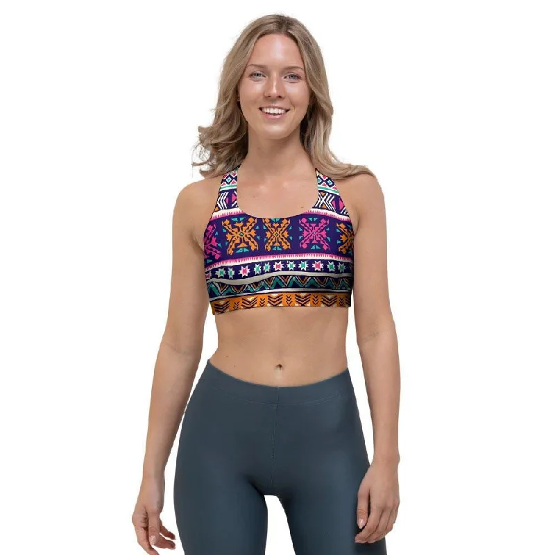 Multicolor Native Aztec Geometric Hipster Sports Bra Sexy Mesh Bralette