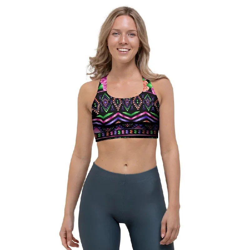 Multicolor Roses Ethnic Tribal Aztec Sports Bra Soft Cup Bralette