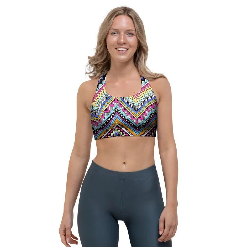 Multicolor Zigzag Indian Aztec Sports Bra Active Wear Bra