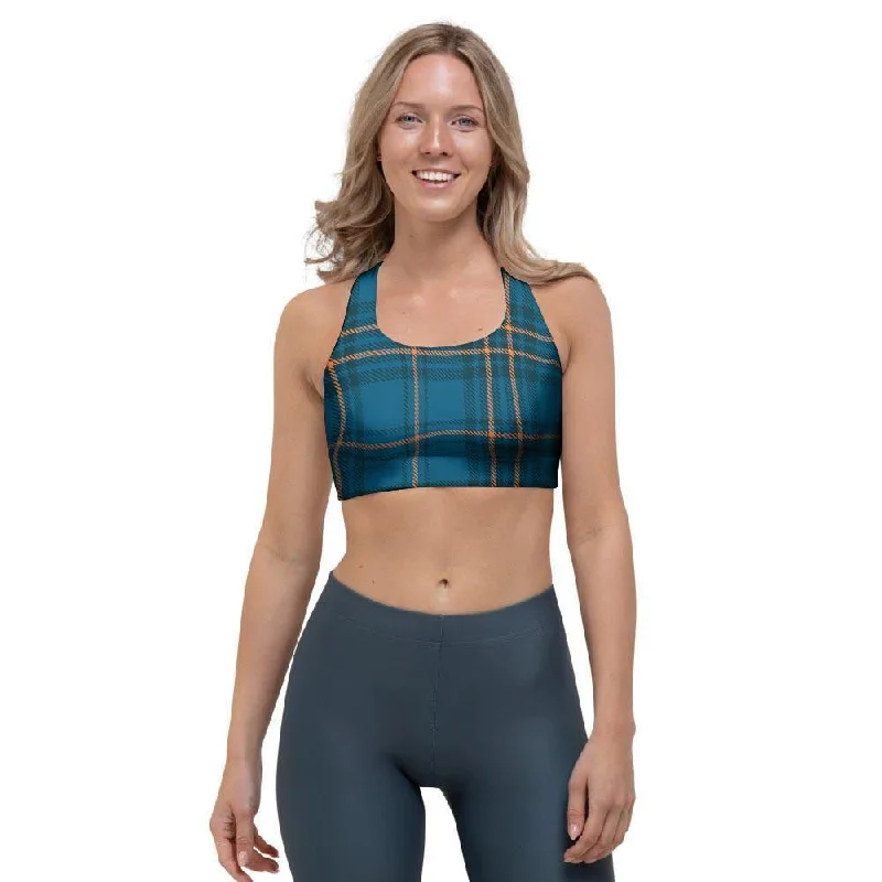 Navy Blue Plaid Tartan Sports Bra Breathable Full Coverage