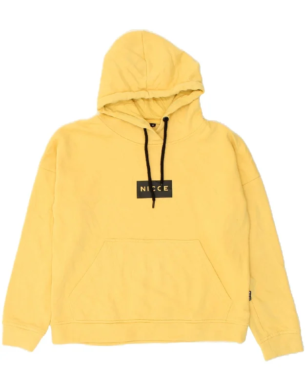 NICCE Womens Graphic Hoodie Jumper UK 6 XS Yellow Cotton Hoodie with Double Zipper Versatile Adjustable