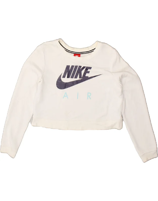 NIKE Womens Crop Graphic Sweatshirt Jumper UK 14 Medium White Cotton Hoodie with Velcro Closure Adjustable Secure