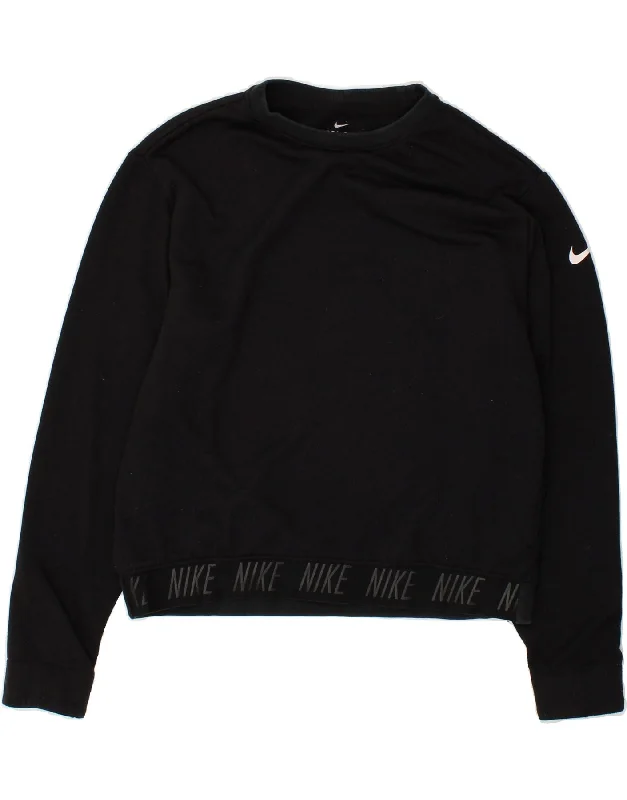 NIKE Womens Dri Fit Graphic Sweatshirt Jumper UK 14 Medium Black Hoodie with Mesh Breathable Sporty