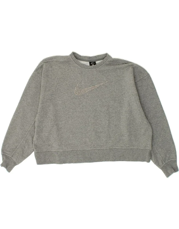 NIKE Womens Dri Fit Oversized Graphic Sweatshirt Jumper UK 16 Large Grey Hoodie with Button Classic Timeless