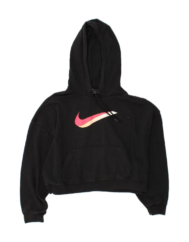 NIKE Womens Graphic Crop Hoodie Jumper UK 6 XS Black Cotton Hoodie with Neon Bright Vibrant