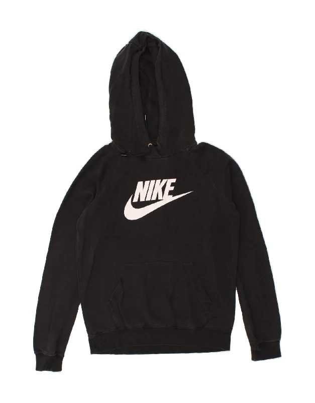 NIKE Womens Graphic Hoodie Jumper UK 10 Small Black Cotton Hoodie with Lace Feminine Delicate