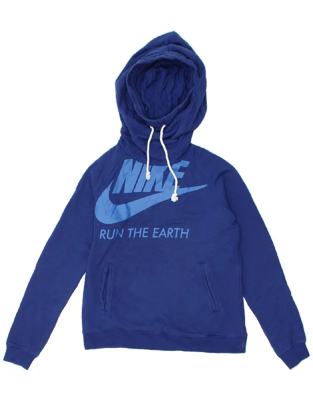 NIKE Womens Graphic Hoodie Jumper UK 14 Large Blue Hoodie with Strings Custom Fit Adjustable