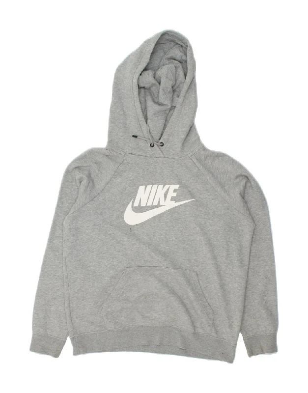 NIKE Womens Graphic Hoodie Jumper UK 14 Medium Grey Cotton Hoodie with Ribbed Cuffs Snug Fit Comfort