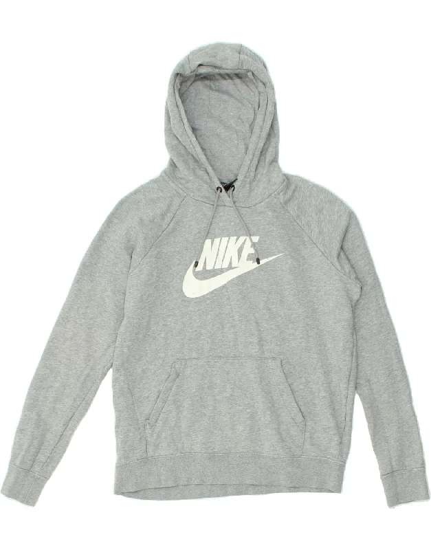 NIKE Womens Graphic Hoodie Jumper UK 14 Medium Grey Flecked Cotton Hoodie with Button Placket Classic Preppy