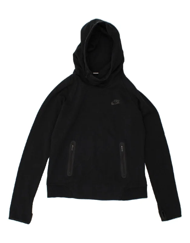 NIKE Womens Hoodie Jumper UK 14 Medium Black Cotton Hoodie with Full-Zip Functional Layering