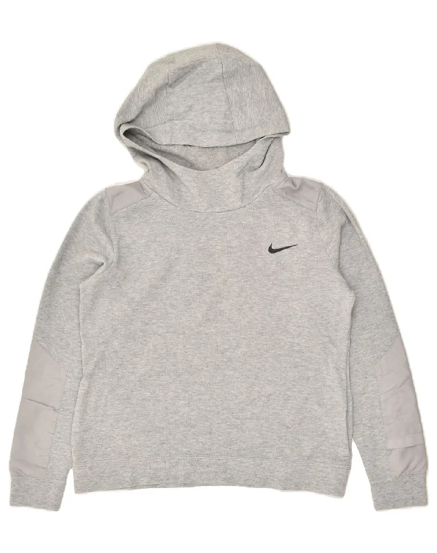 NIKE Womens Hoodie Jumper UK 14 Medium Grey Cotton Hoodie with Hem Frayed Vintage Worn