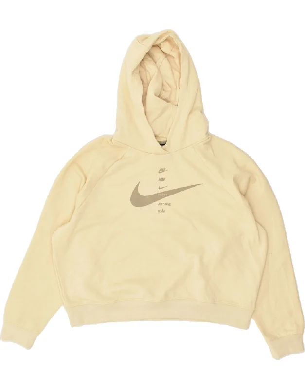 NIKE Womens Oversized Crop Graphic Hoodie Jumper UK 16 Large Beige Hoodie with Emblem Brand Identity