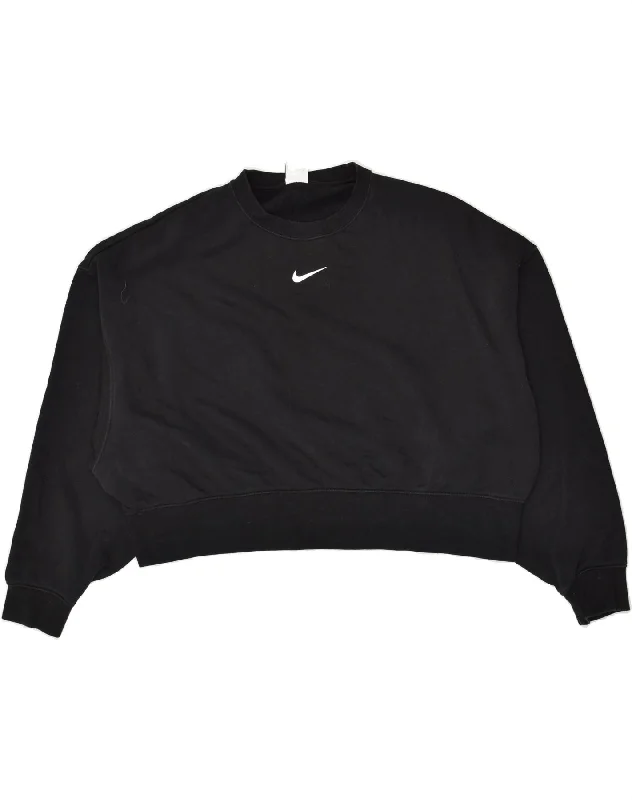 NIKE Womens Oversized Crop Sweatshirt Jumper UK 10 Small Black Hoodie with Tied Waist Feminine Flattering