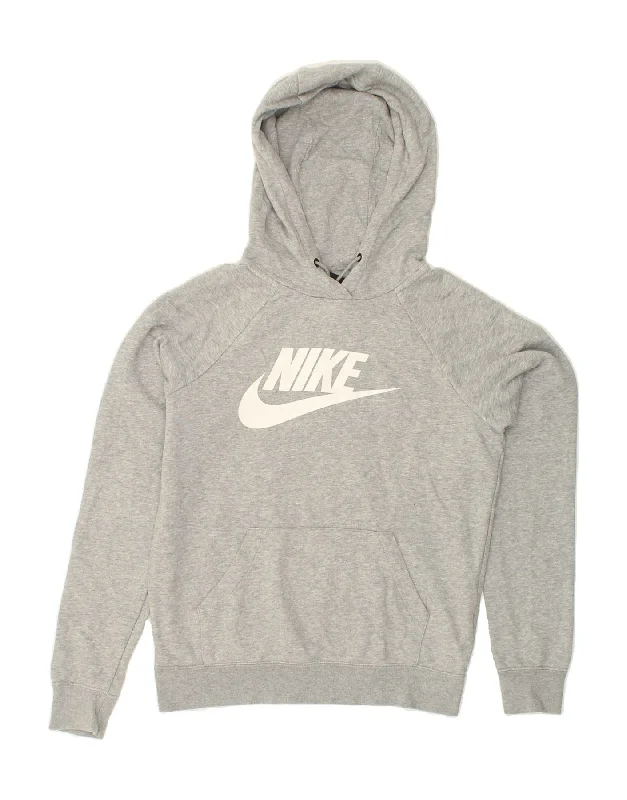 NIKE Womens Oversized Graphic Hoodie Jumper UK 6 XS Grey Cotton Hoodie with Thumb Holes Functional Cozy