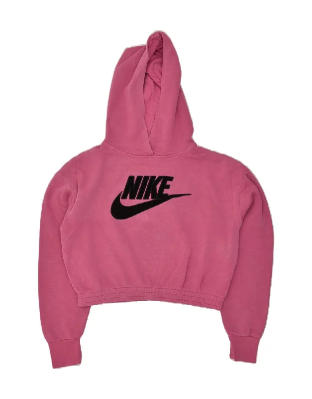 NIKE Womens Oversized Hooded Crop Hoodie Jumper UK 6 XS Pink Cotton Hoodie Jacket Zipper Layering