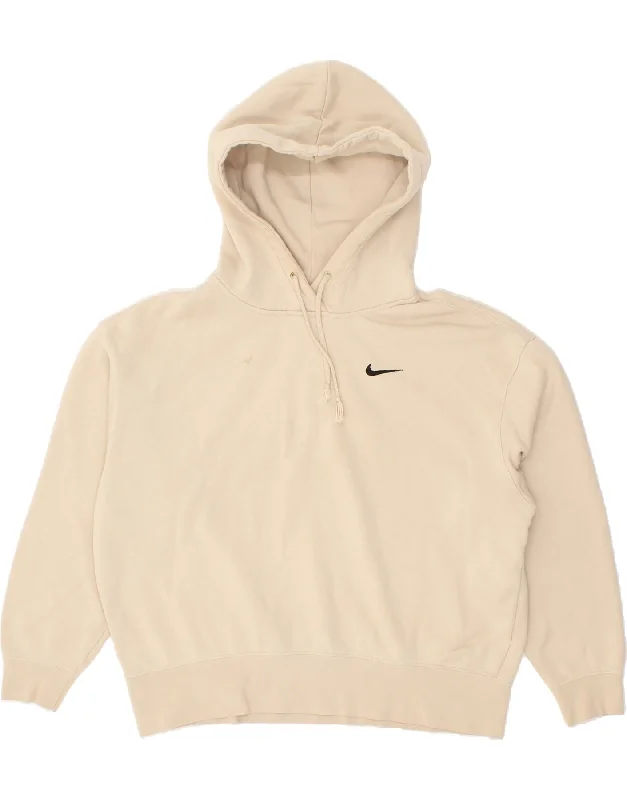 NIKE Womens Oversized Hoodie Jumper UK 14 Medium Beige Cotton Hoodie with Mock Neck Collared Structured