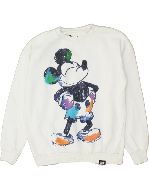 PULL & BEAR Womens Mickey Mouse Sweatshirt Jumper UK 10 Small White Cotton Hoodie with Cuffed Sleeves Snug Secure