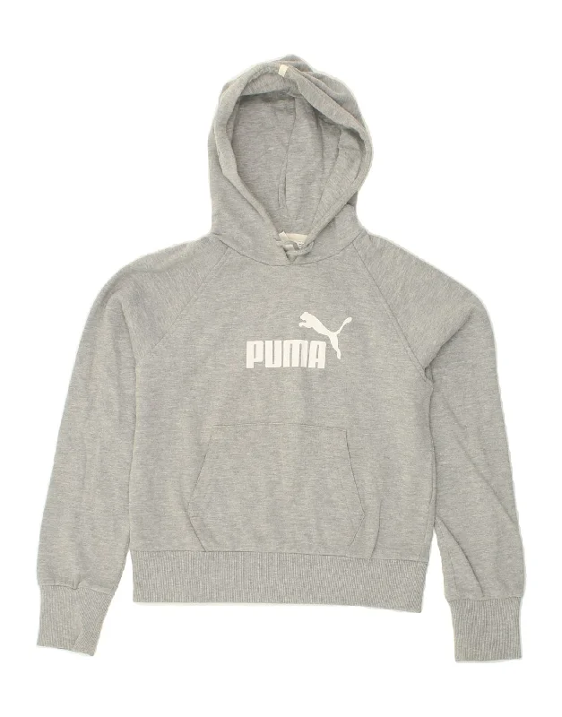 PUMA Womens Crop Graphic Hoodie Jumper UK 10 Small Grey Cotton Hoodie with Drop Shoulder Relaxed Streetwear