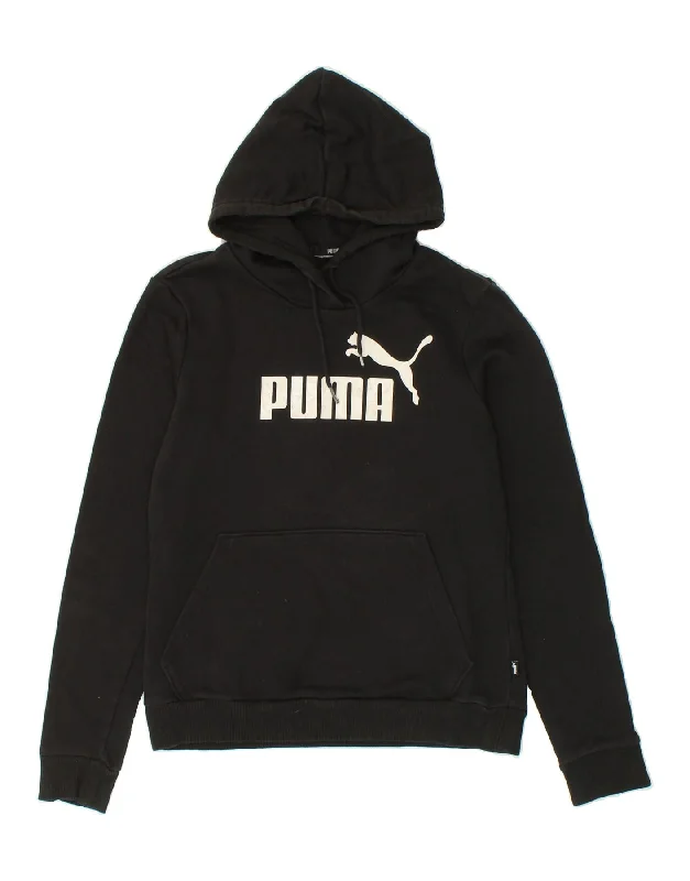 PUMA Womens Graphic Hoodie Jumper UK 12 Medium Black Hoodie with Color Block Contrast Stylish