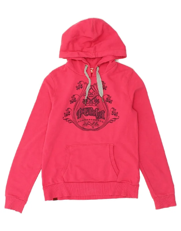 PUMA Womens Graphic Hoodie Jumper UK 12 Medium Pink Hoodie with Embroidery Detailed Premium