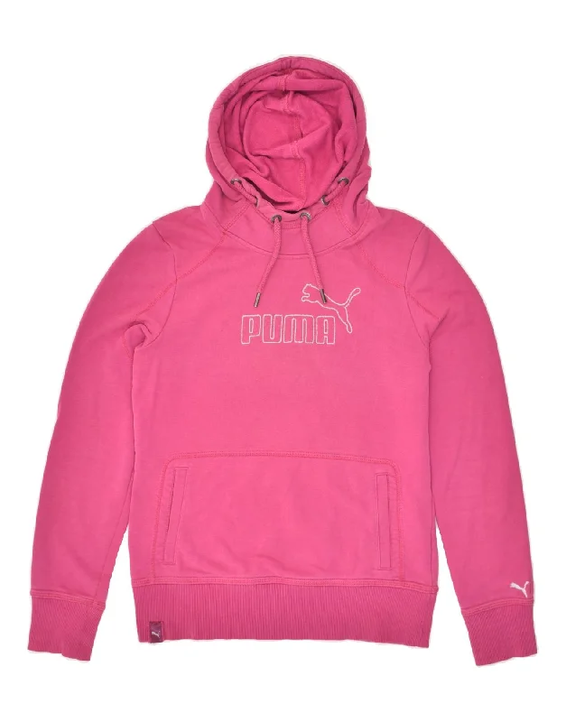 PUMA Womens Graphic Hoodie Jumper UK 12 Medium Pink Cotton Hoodie with Puffed Sleeves Voluminous Trendy