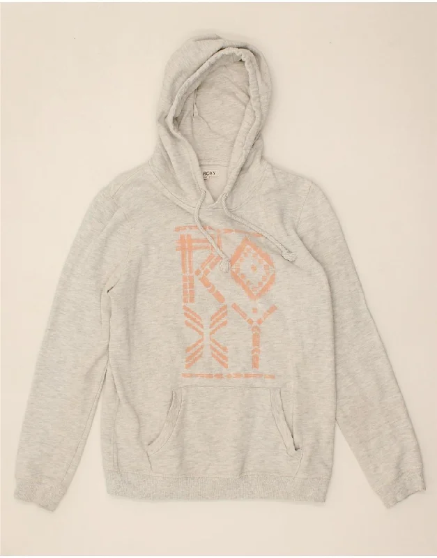 ROXY Womens Graphic Hoodie Jumper UK 14 Medium Grey Cotton Hoodie with High-Low Hem Asymmetrical Trendy