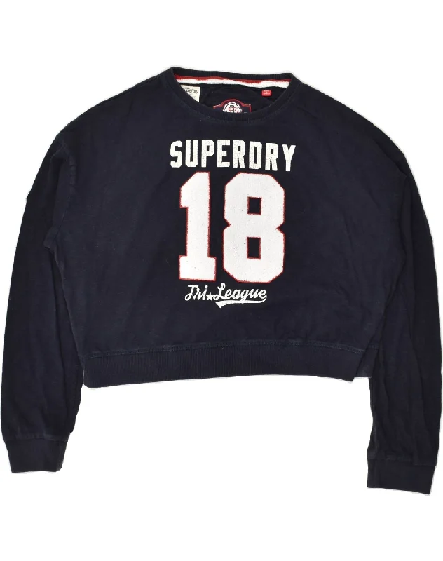 SUPERDRY Womens Crop Graphic Sweatshirt Jumper UK 16 Large Navy Blue Hoodie with Drawstring Waist Adjustable Fitted