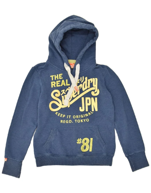 SUPERDRY Womens Graphic Hoodie Jumper UK 10 Small Blue Cotton Hoodie with Relaxed Fit Easy Casual