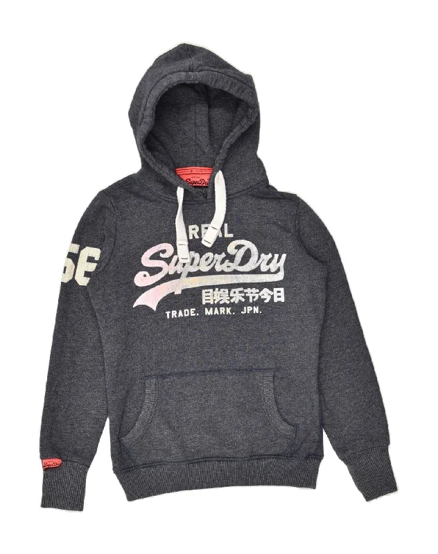 SUPERDRY Womens Graphic Hoodie Jumper UK 10 Small Grey Flecked Cotton Hoodie with Half-Zip Sporty Casual