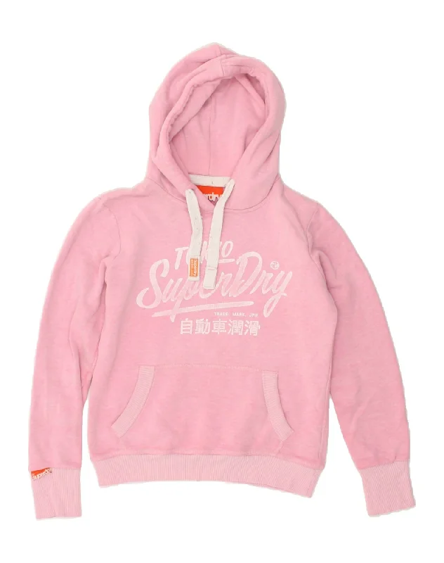 SUPERDRY Womens Graphic Hoodie Jumper UK 10 Small Pink Cotton Hoodie with Hood Adjustable Protection