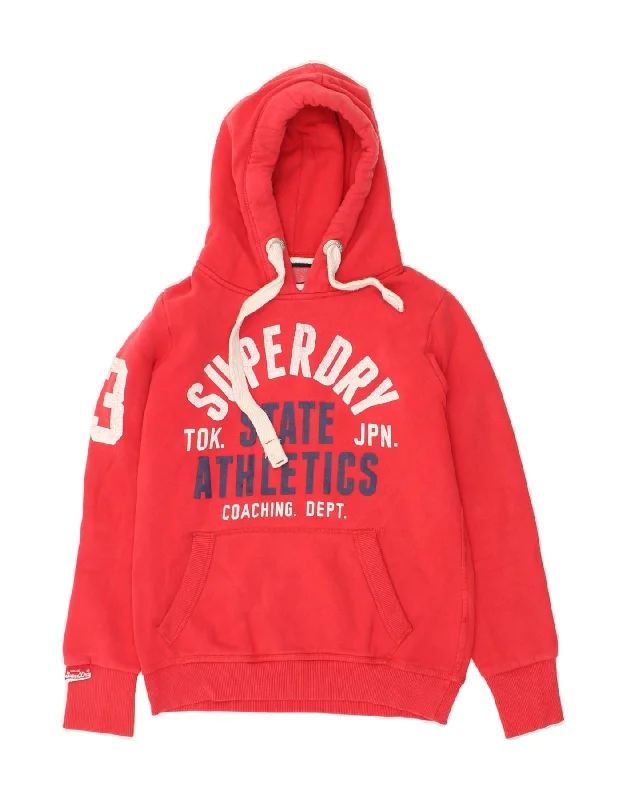 SUPERDRY Womens Graphic Hoodie Jumper UK 10 Small Red Cotton Hoodie with Drawcord Adjustable Secure