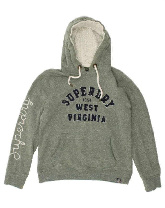 SUPERDRY Womens Graphic Hoodie Jumper UK 12 Medium  Green Flecked Hoodie with Embroidery Detailed Premium