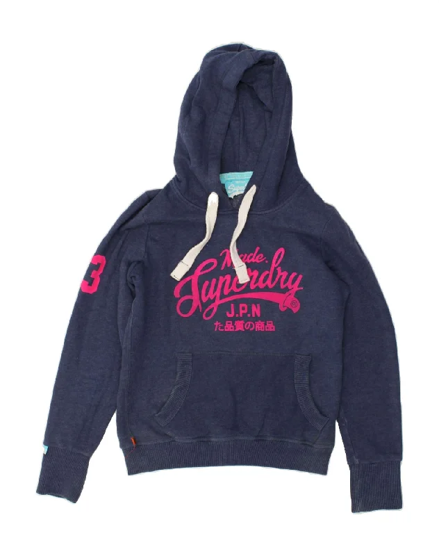 SUPERDRY Womens Graphic Hoodie Jumper UK 14 Large Navy Blue Cotton Hoodie Crop Top Short Trendy