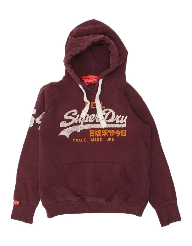 SUPERDRY Womens Graphic Hoodie Jumper UK 14 Medium Maroon Cotton Hoodie with Typography Text Message