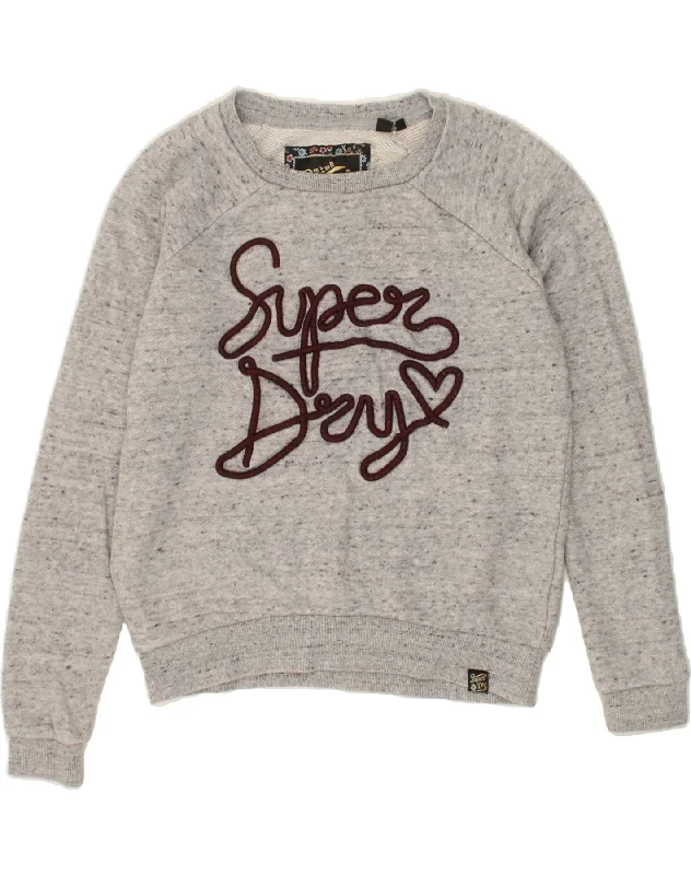 SUPERDRY Womens Graphic Sweatshirt Jumper UK 10 Small Grey Flecked Cotton Hoodie with Mock Neck Collared Structured