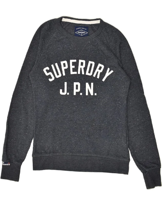 SUPERDRY Womens Graphic Sweatshirt Jumper UK 10 Small Navy Blue Cotton Hoodie with Hem Elastic Stretchable Comfortable