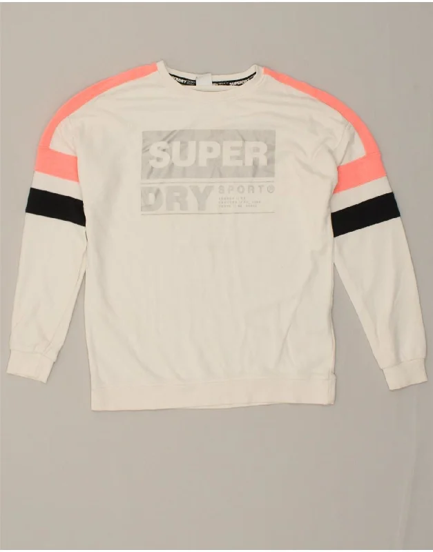 SUPERDRY Womens Graphic Sweatshirt Jumper UK 10 Small  White Colourblock Hoodie Sweatshirt Pullover