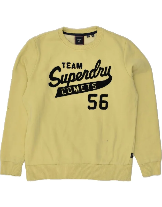 SUPERDRY Womens Graphic Sweatshirt Jumper UK 10 Small Yellow Cotton Hoodie with Raglan Sleeves Sporty Comfortable