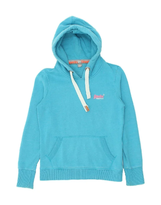 SUPERDRY Womens Hoodie Jumper UK 10 Small Blue Cotton Hoodie with Batwing Sleeves Loose Dramatic