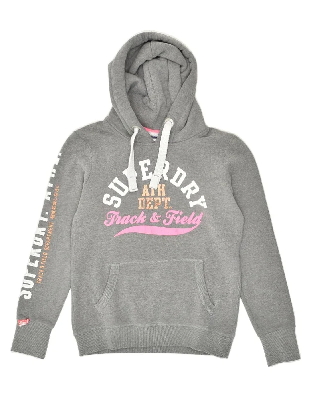 SUPERDRY Womens Track&Field Graphic Hoodie Jumper UK 14 Medium Grey Cotton Hoodie with Color Block Contrast Stylish