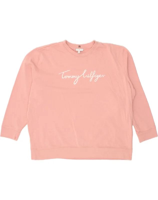 TOMMY HILFIGER Womens Graphic Sweatshirt Jumper UK 24 4XL Pink Cotton Hoodie with High Neck Warm Protective