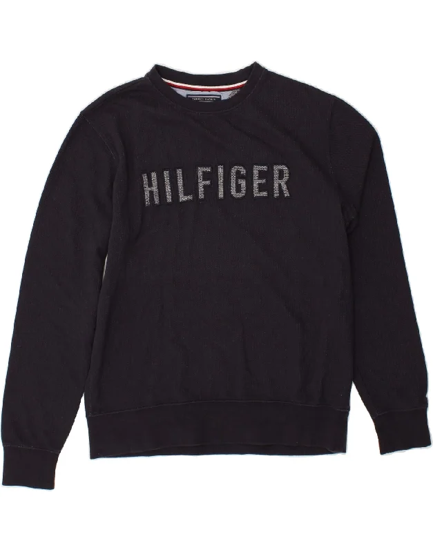 TOMMY HILFIGER Womens Vintage Fit Sweatshirt Jumper UK 14 Medium Navy Blue Hoodie with Frayed Bohemian Relaxed