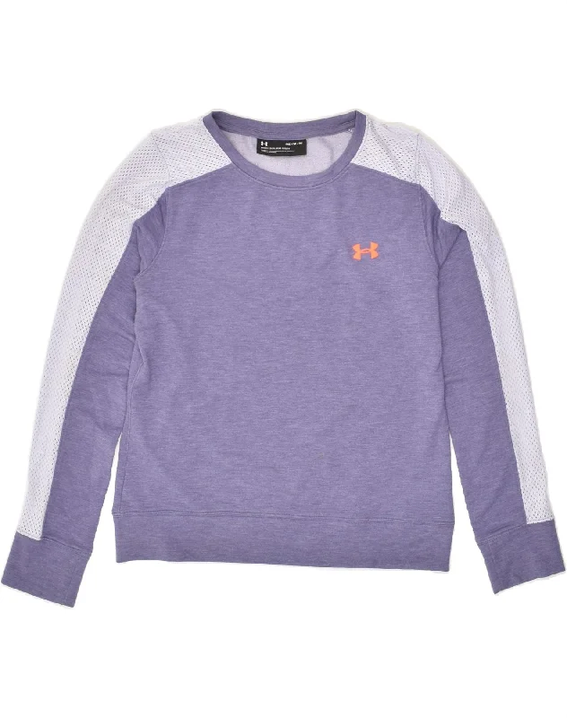 UNDER ARMOUR Womens Sweatshirt Jumper UK 14 Medium Purple Colourblock Hoodie with Illustration Artistic Creative