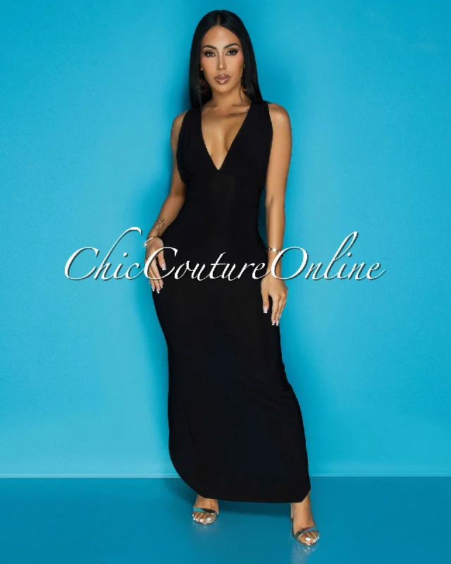 Abira Black Sleeveless V-Neck Maxi Dress Chic Summer Maxi Dress