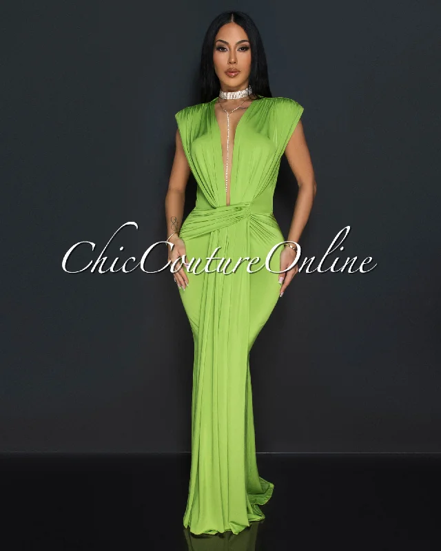 Alea Lime Green Sleeveless Deep V Neck Maxi Dress Elegant Maxi Dress with Lace