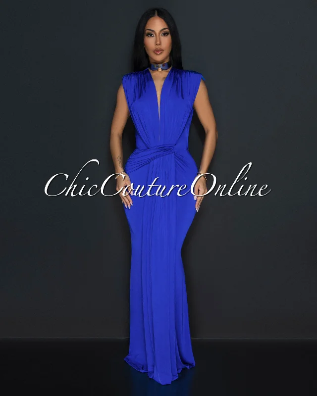 Alea Royal Blue Sleeveless Deep V Neck Maxi Dress Stylish Longline Maxi Dress