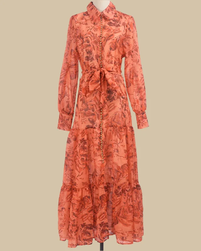 Amber Burnt Orange Maxi Dress with Long Sleeves Fashionable Chiffon Maxi Dress