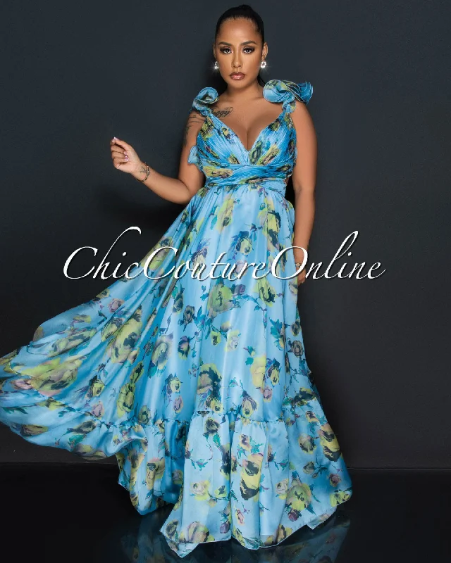 Anderson Blue Floral Print Drape Ruffle Maxi Dress Cozy Maxi Dress with Slit