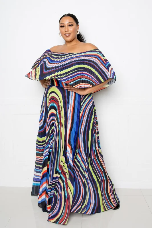 Plus Multi Abstract Stripe Print Flowy Maxi Dress Trendy Off-Shoulder Ruffle Maxi Dress